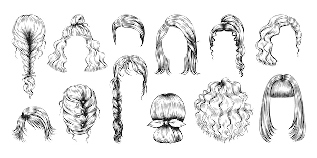 Peinado dibujado a mano Esbozo de peluca femenina Peinados largos y cortos para mujeres Modelos de salón de belleza para niñas Peinado elegante con cola de caballo trenzada y panillo Peinado de glamour vectorial dibujo a lápiz conjunto aislado