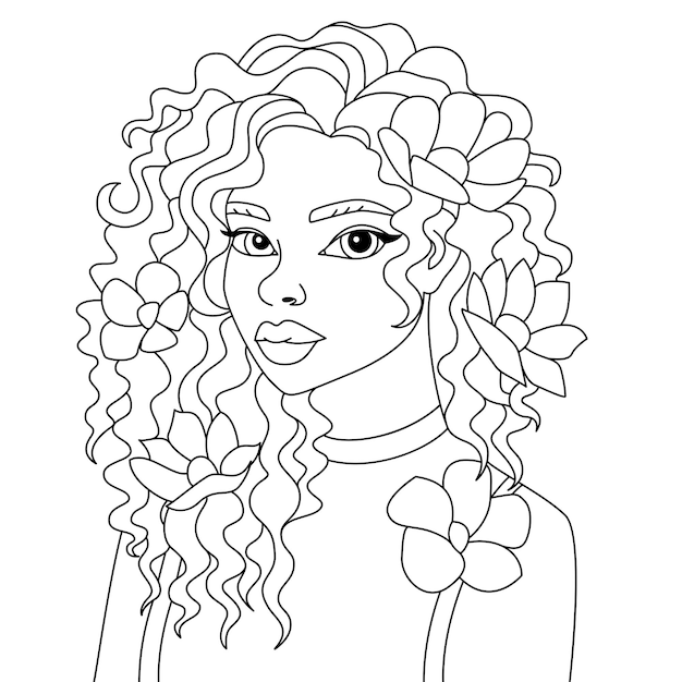 Peinado rizado de mujer negra africana con flores vector Afro girl vector para colorear esquema de página