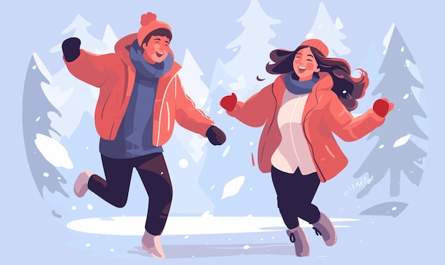 Pelea de bolas de nieve lúdica con una pareja sonriente estilo vectorial aislado en ilustración de fondo aislada
