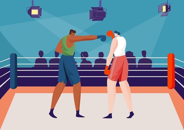 Pelea de boxeo en la ilustración de vector de concepto de anillo Personaje de luchador de hombre plano en el partido profesional de competencia de box en arena Boxer persona punch