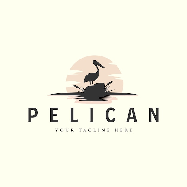 Pelican con sol y totora vector logo vintage plantilla ilustración diseño