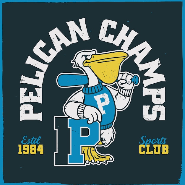 Pelican Sport Mascot Baseball Champs Camiseta vintage en estilo retro