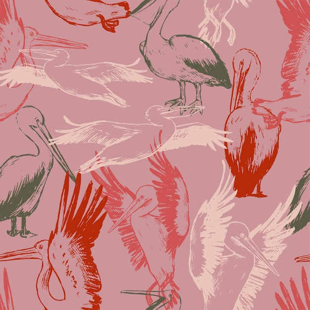 Pelícanos vector de patrones sin fisuras. Adorno tropical de aves exóticas. Diseño para textil, impresión, fondo, papel tapiz.