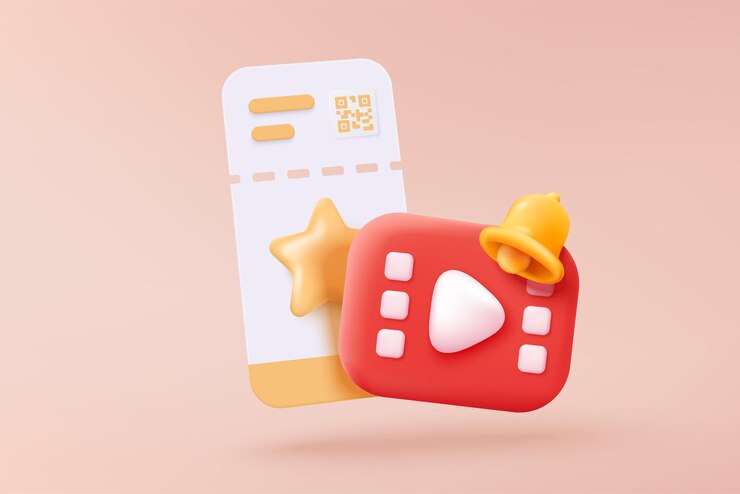 Vector película de cine en 3d con un icono de reproducción de cine mínimo ver película en el teatro y notificación película de medios para alerta de entretenimiento en las redes sociales icono de vector de recordatorio de cine en 3d representar ilustración