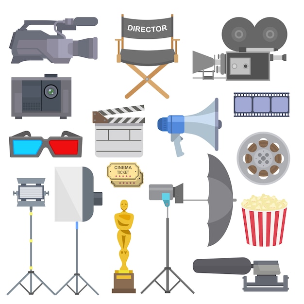 Vector la película del cine que hace los iconos de los símbolos del equipo de las herramientas del programa de televisión fijó el ejemplo.