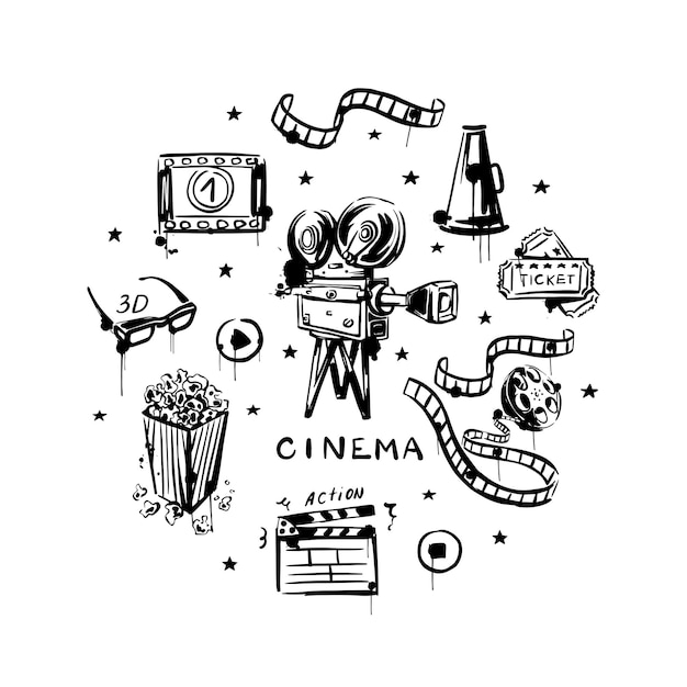Película dibujada a mano sobre un fondo blanco aislado Cámara de vídeo vintage en blanco y negro