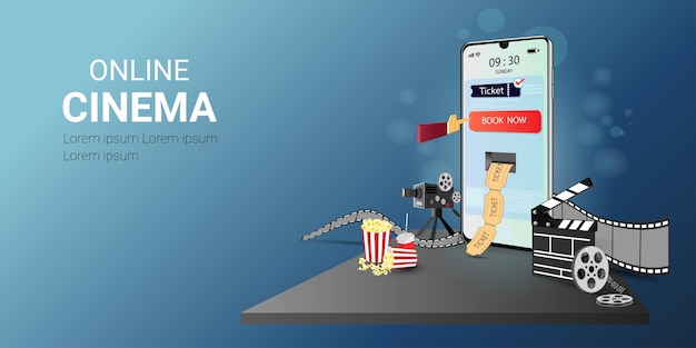 Película en línea Tiempo móvil Cine Cine Cinematografía y realización de películas Pedido de entradas Comida rápida y cine Plantilla vectorial para banner web o página de destino del sitio web
