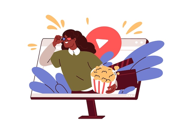Películas y series en línea servicio de contenido de video en streaming Pantalla de computadora con amante de las películas con palomitas de maíz viendo programas de televisión en la plataforma de Internet Ilustración vectorial plana aislada sobre fondo blanco