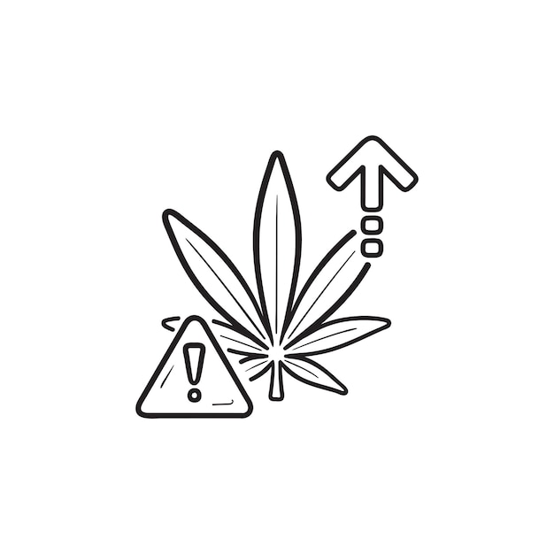 Peligro de efecto de sobredosis de cannabis con signo de exclamación y flecha hacia arriba icono de doodle de contorno dibujado a mano. Marijuana