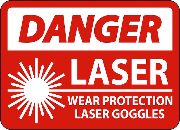 El peligro del láser: use gafas protectoras de láser para firmar sobre un fondo blanco