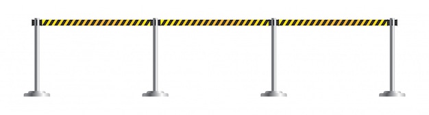 Peligro precaución puntal retráctil del cinturón. Barrera de cinta portátil para restricción y zonas peligrosas. Cinta policial negra y amarilla o borde. Cerca del aeropuerto aislada sobre fondo blanco.
