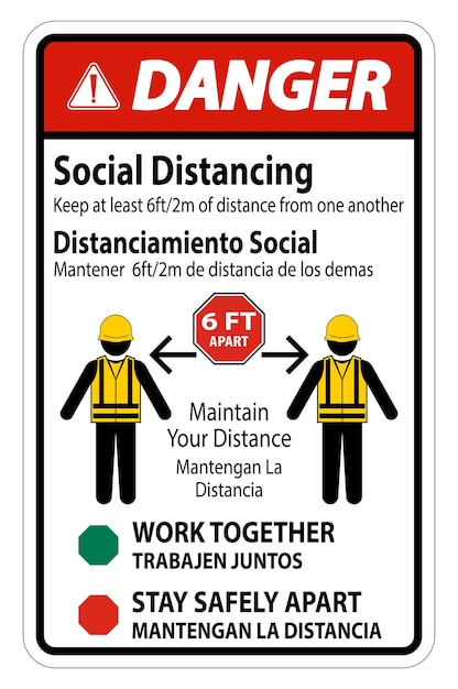 Peligro Signo de construcción de distanciamiento social bilingüe aislado en fondo blanco Ilustración vectorial EPS10
