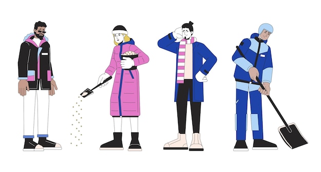 Peligros de invierno que impiden el juego de personajes de dibujos animados lineales en 2D