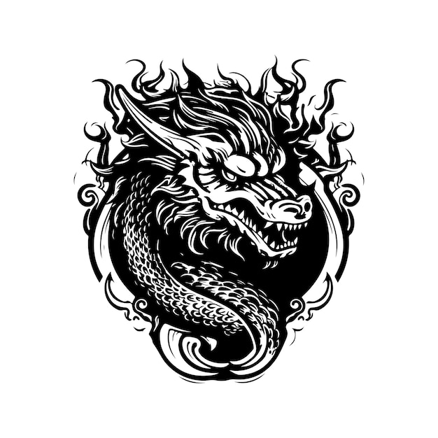 Peligroso dragón vintage logo línea arte concepto blanco y negro color dibujado a mano ilustración