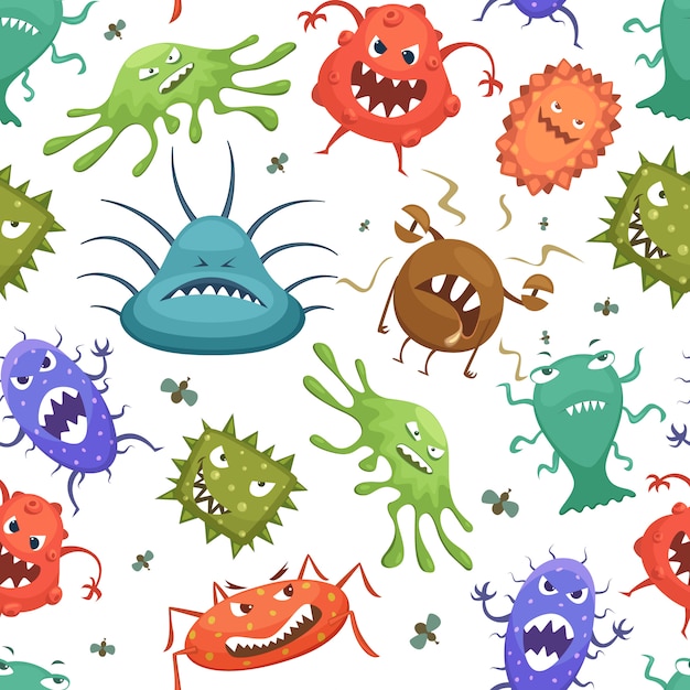 Vector peligroso. streptococcus lactobacillus staphylococcus y otros microbios en estilo de dibujos animados. ilustración de vector transparente patrón microbio y virus bacteria