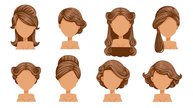 Vector pelo retro femenino. peinados vintage de mujer. el pelo rizado, el pelo rizado fino. anticuado. el clásico y moderno. peinados de peluquería para corte de pelo.