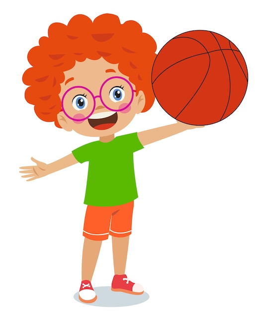 Pelota de baloncesto y lindos niños deportivos felices
