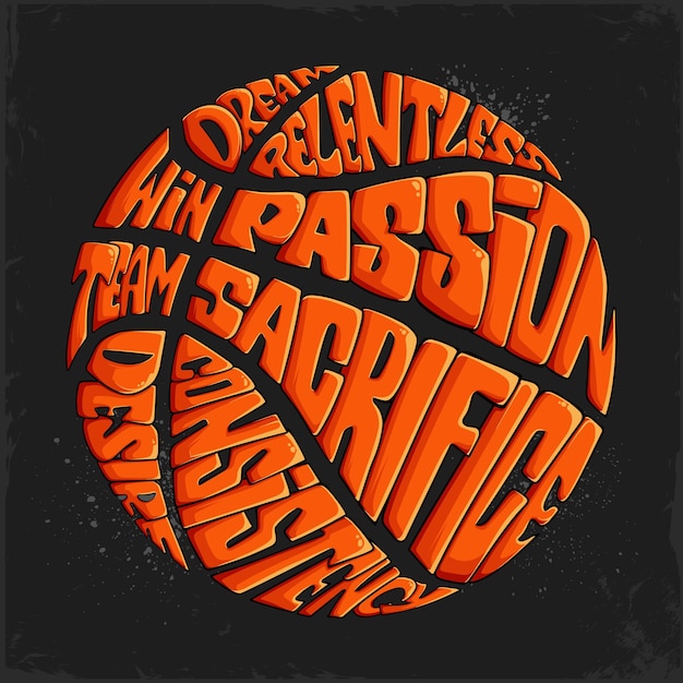 Vector pelota de baloncesto naranja dibujada a mano caligrama palabras motivacionales en forma de pelota de baloncesto