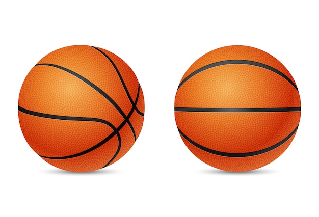Vector pelota de baloncesto, vista frontal y de media vuelta, aislado sobre fondo blanco.
