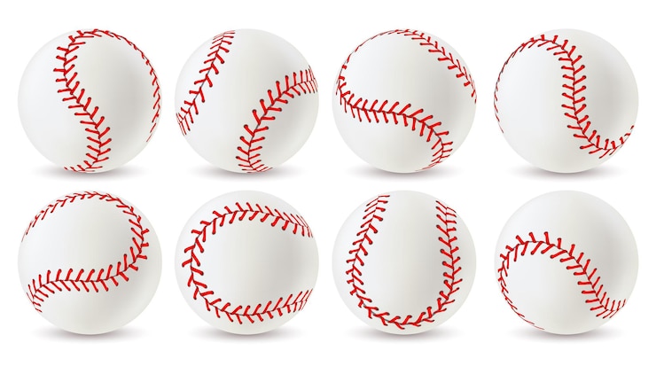 Vector pelota de béisbol. softbol de cuero blanco con puntadas de encaje rojo en diferentes ángulos, equipamiento deportivo para juego. balones atléticos con costuras conjunto de vectores realistas