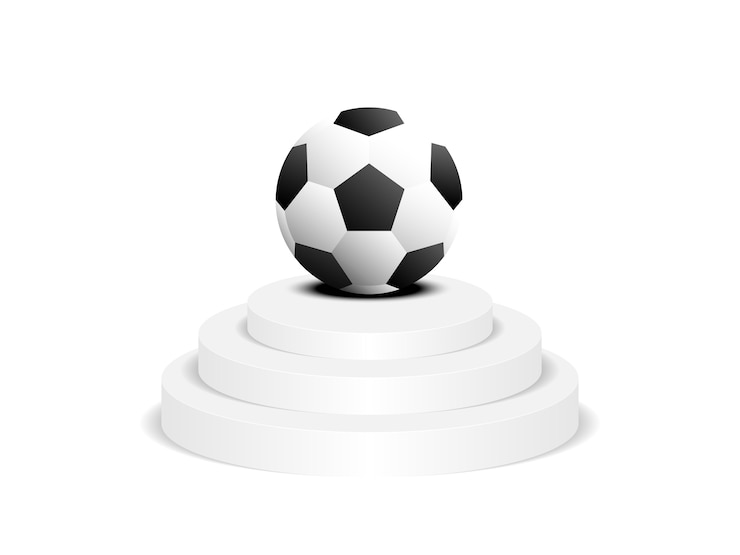 Pelota de fútbol redonda y podio de la etapa
