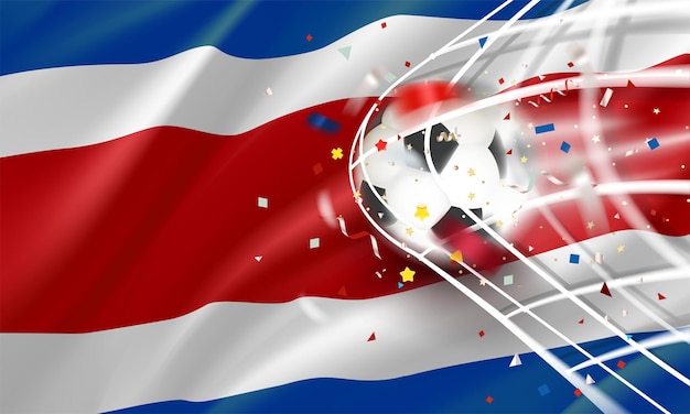 La pelota en la red de fútbol Concepto de vector de gol con bandera de Costa Rica Banner de vector 3d con efecto de desenfoque