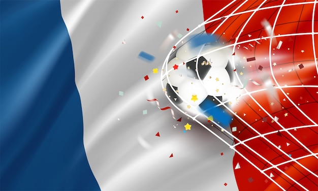 La pelota en la red de fútbol Concepto de vector de gol con bandera de Francia Bandera de vector 3d con efecto de desenfoque