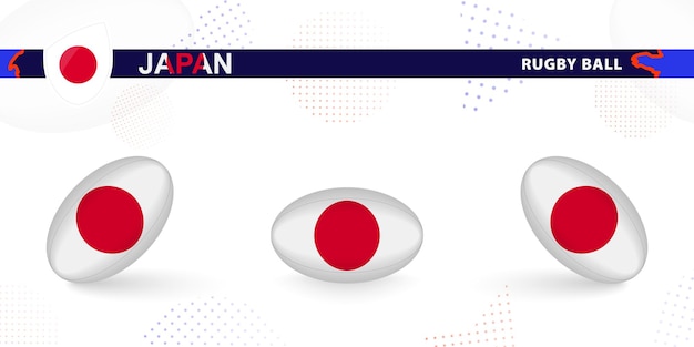 Vector pelota de rugby con la bandera de japón en varios ángulos sobre fondo abstracto