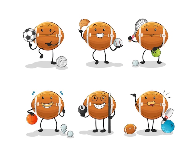 Pelota de rugby deporte conjunto personaje de dibujos animados mascota vector