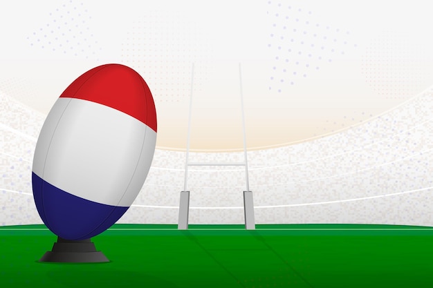 Vector pelota de rugby del equipo nacional de francia en el estadio de rugby y postes de la portería preparándose para un penalti o un tiro libre