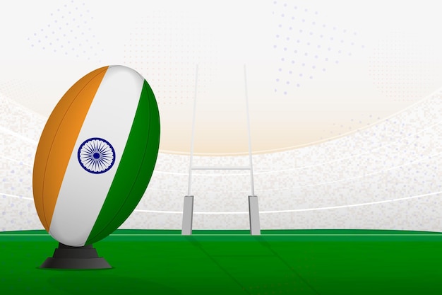 La pelota de rugby del equipo nacional de la India en el estadio de rugby y los postes de la portería se preparan para un penalti o tiro libre