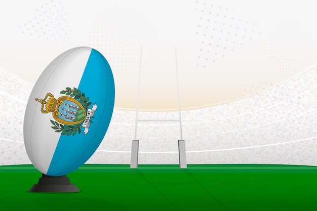 La pelota de rugby del equipo nacional de San Marino en el estadio de rugby y los postes de la portería preparándose para un penalti