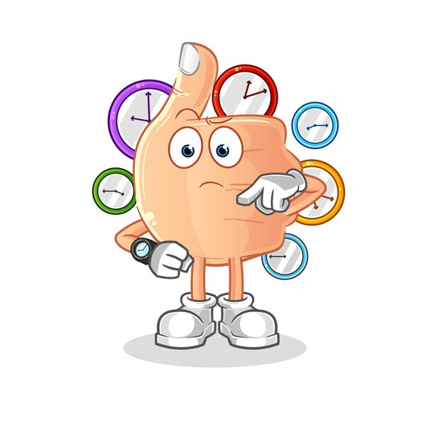 Pelota de tenis con dibujos animados de reloj de pulsera. vector de mascota de dibujos animados