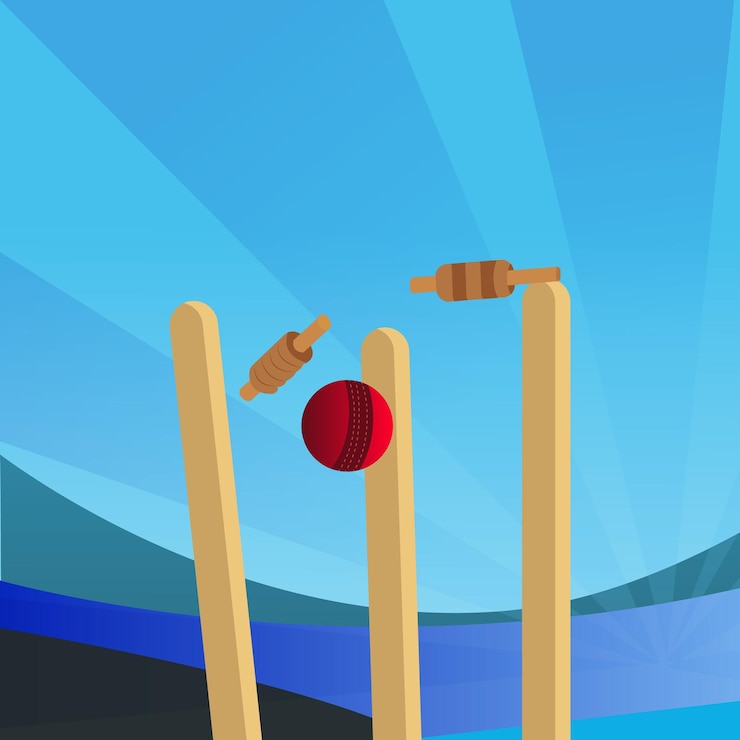 Vector pelota de wicket y pelota de cricket bola en sello