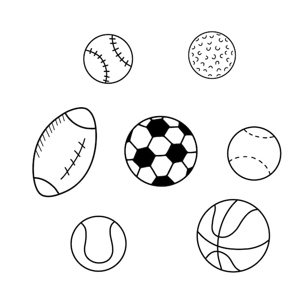 Pelotas deportivas aisladas sobre fondo blanco Juego de ilustraciones vectoriales de bocetos de garabatos Pelotas de béisbol de tenis de fútbol