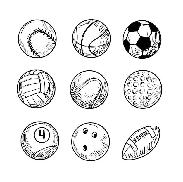 Vector pelotas deportivas, ilustración de dibujo vectorial, contorno negro aislado