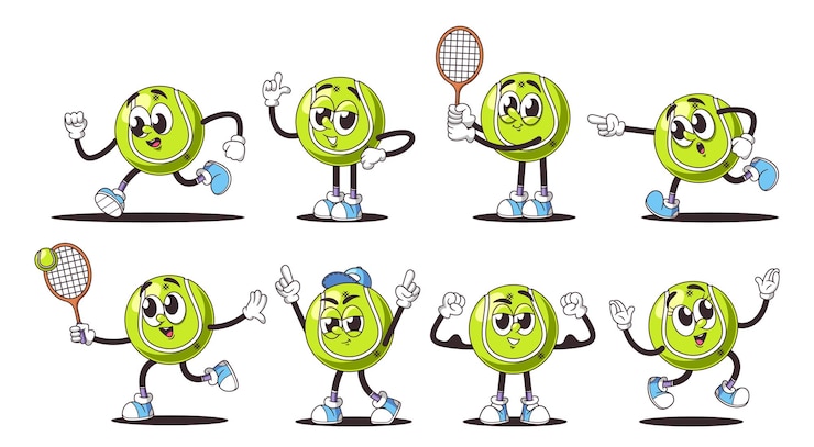 Vector pelotas de tenis que muestran diferentes acciones y emociones deportivas que muestran rasgos faciales vibrantes