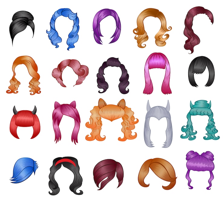 Vector pelucas de peinado de mujer vector corte de pelo de halloween y peinado falso femenino o ilustración de bobwig peluquería o corte de pelo con coloración para carnaval aislado en blanco