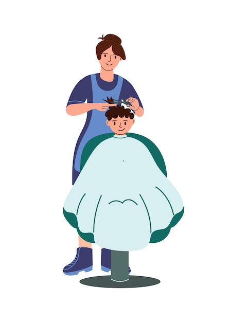 Peluquería femenina cortando el cabello de niños pequeños en la silla Vector para peluquerías infantiles