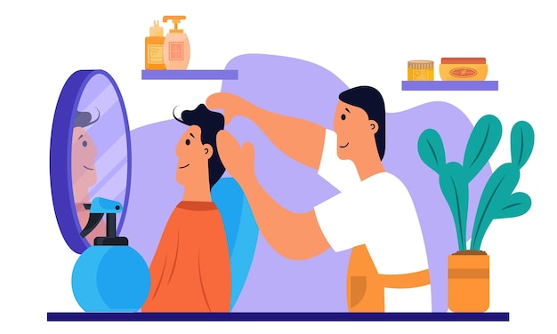 Peluquería haciendo banner de moda de negocios de cabello. trabajo de cabello y peinado de personaje y vector de corte de pelo.