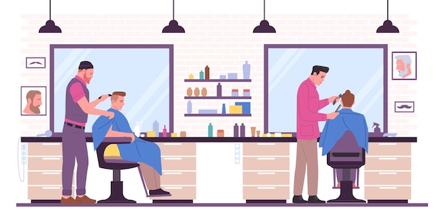 Peluquería interior Peluquería Estudio de belleza con herramientas profesionales y espejos Caballeros personajes sentados en sillones Peluquería y peinados Concepto vectorial