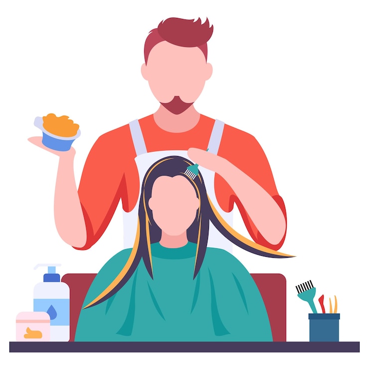 Vector peluquería llamativa pelos de mujer, peinado de mujer, ilustración vectorial de coloración del cabello