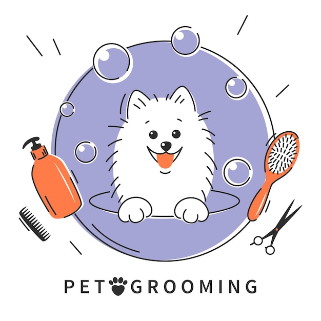 Vector peluquería de mascotas peluquería de animales peluquería logo cortes de pelo baño perro de dibujos animados tomando un baño