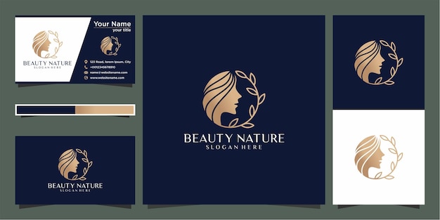 La peluquería de la mujer de belleza creativa se combina con el concepto de la naturaleza, el logotipo y la tarjeta de visita