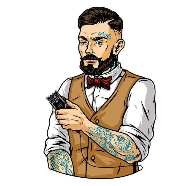 Peluquero elegante barbudo y bigote con tatuajes y cortadora de cabello eléctrica aislada ilustración vectorial