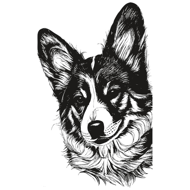 Pembroke Welsh Corgi clip art vector dibujado a mano dibujo en blanco y negro de perro