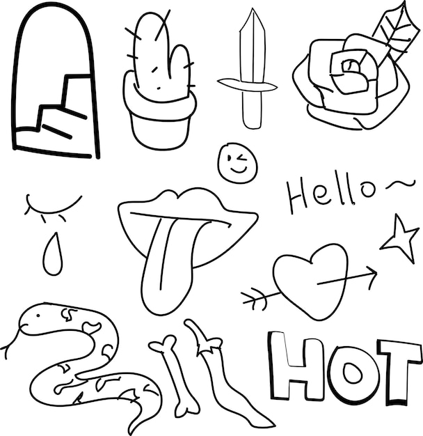 Pen liner doodle elementos corona énfasis flecha habla burbuja garabateo dibujado a mano caricatura lindo pe