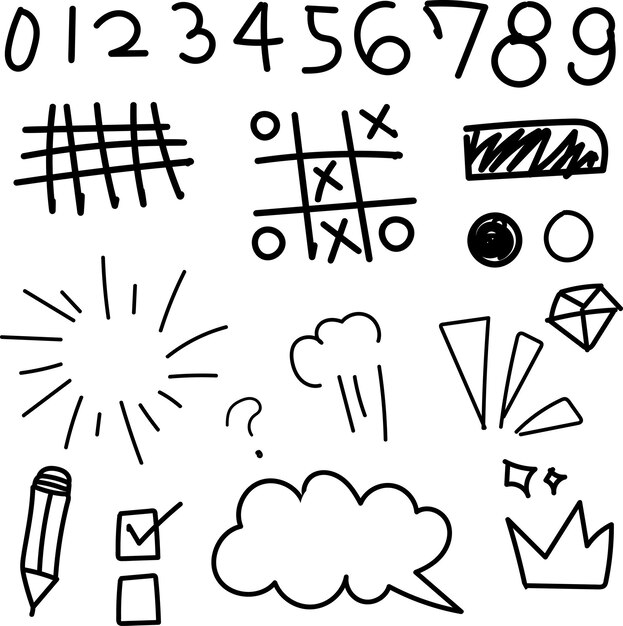 Pen liner doodle elementos corona énfasis flecha habla burbuja garabateo dibujado a mano caricatura lindo pe