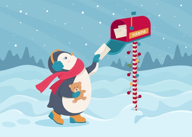 Penguin pone la carta de Santa Claus en el buzón de correos Ilustración de vector plano