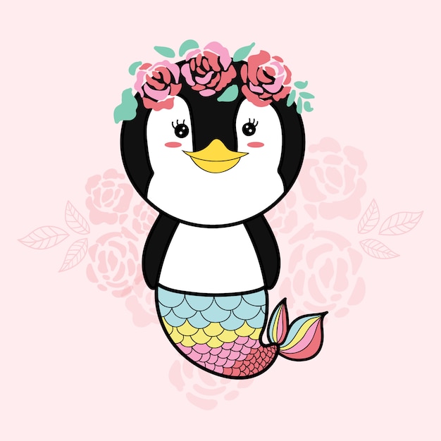 Penguin sirena linda mano dibujada dibujos animados